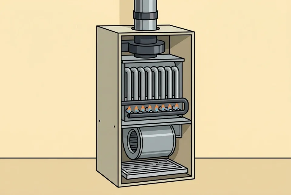 Flat illustration cutaway of a gas furnace cabinet with the front panel removed, showing the burner row, the heat exchanger above it, the blower assembly below and the flue pipe leaving the top