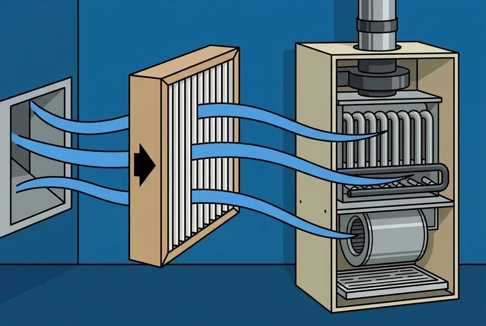Flat illustration of a pleated filter standing between a return duct and an unlit furnace, with a single triangular arrow on its frame pointing toward the furnace and blue airflow ribbons passing through in the same direction