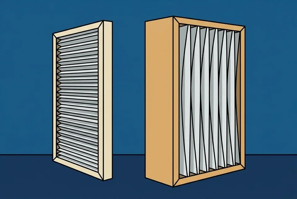 Flat illustration comparing a thin one inch furnace filter beside a much thicker four inch filter, both shown edge on so their pleats are visible, against a blue wall