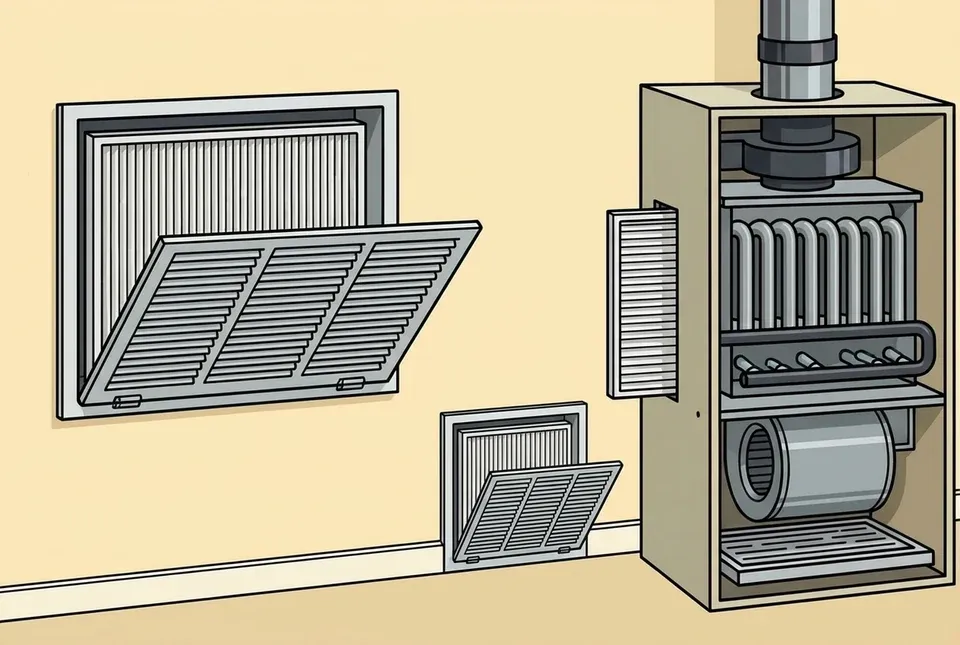 Flat illustration of an interior wall with a large return air grille and a smaller one both hinged open to show the pleated filters behind them, beside an unlit furnace cabinet with a third filter sliding out of its own slot