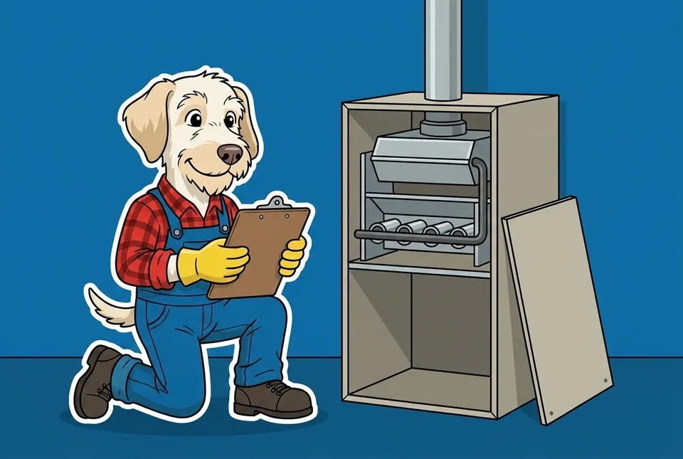 Flat illustration of a shaggy cream terrier in a red plaid shirt, blue overalls and yellow gloves kneeling beside an open gas furnace, holding a clipboard