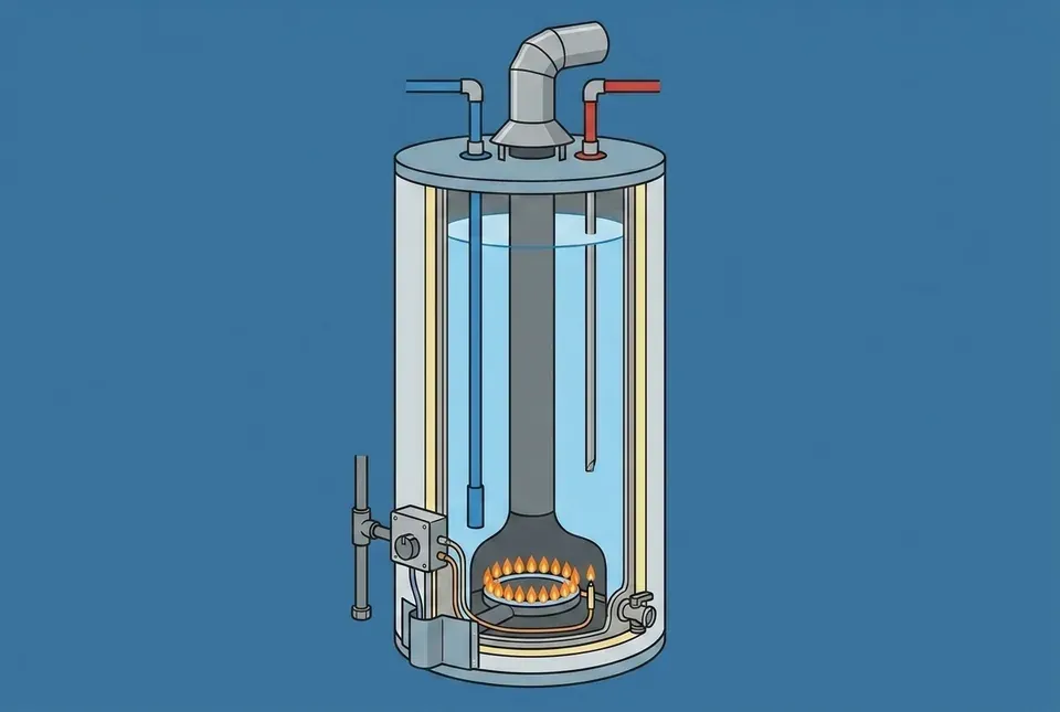 Cutaway illustration of a gas water heater showing the flue running up through the tank and the burner, pilot and thermocouple in the chamber below
