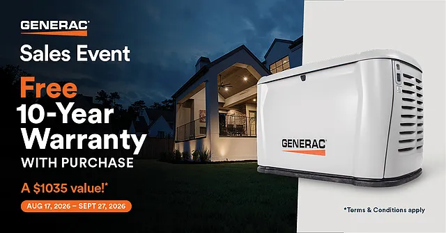 Generac Sales Event: free 10-year warranty with purchase, a $1,035 value, August 17 to September 27, 2026