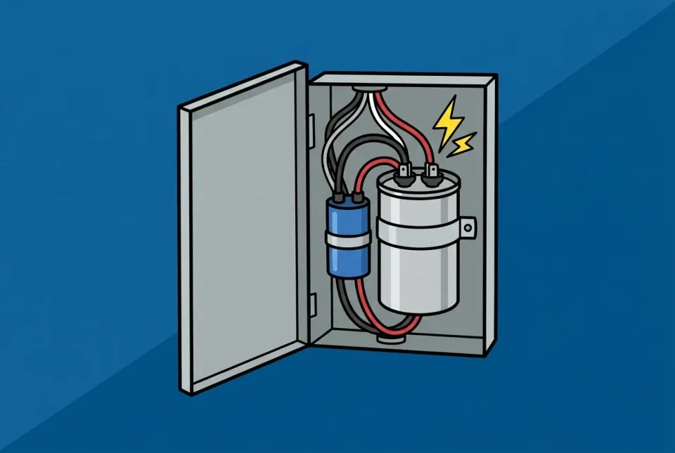 Illustration of a hard start kit wired to an AC run capacitor