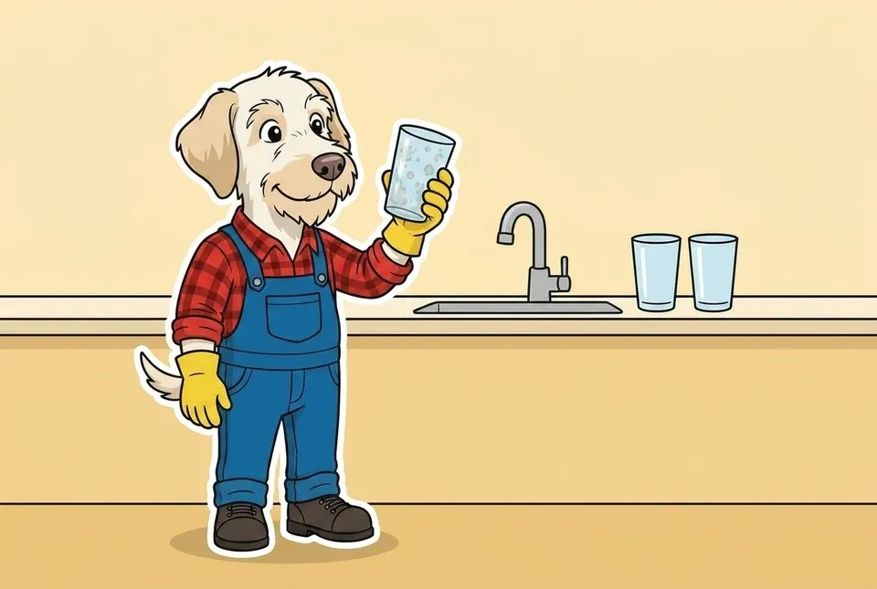 Flat illustration of a shaggy cream terrier in a red plaid shirt, blue overalls and yellow gloves holding a drinking glass up to the light in a kitchen, with spots visible on it