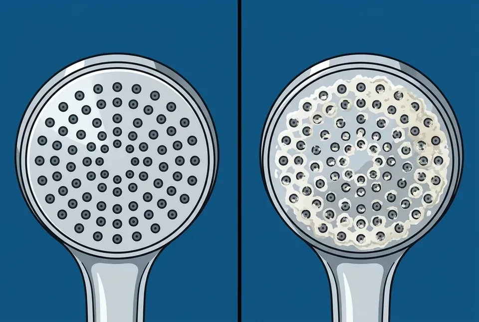 Flat illustration comparing two chrome showerheads side by side, one clean and one crusted with white mineral scale around its spray holes