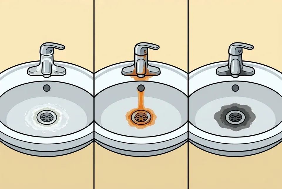 Flat illustration of three identical white sink basins side by side, the first with a chalky white ring around the drain, the second with an orange rust stain, and the third with a dark gray stain