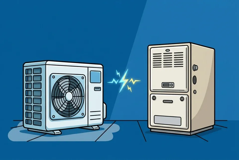 Illustration of a heat pump and a gas furnace compared side by side