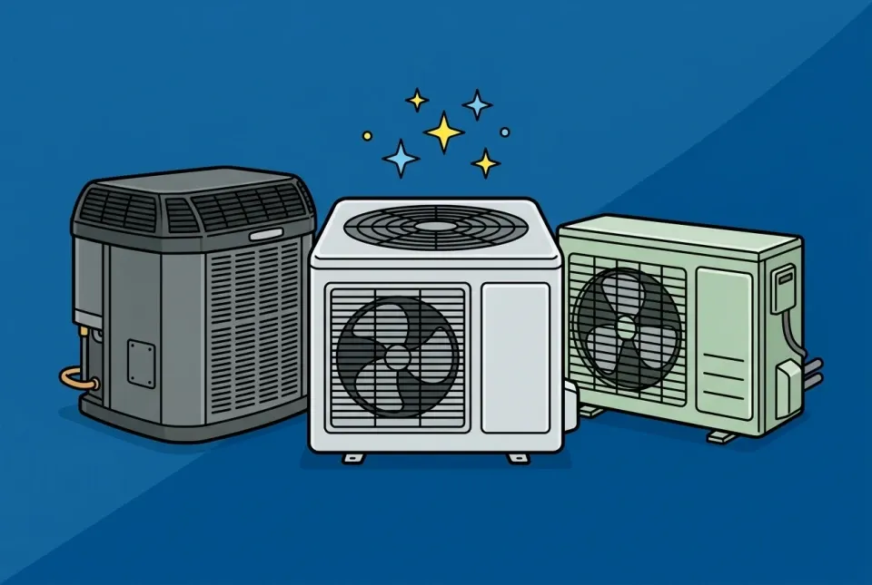 Illustration of three heat pump units compared side by side