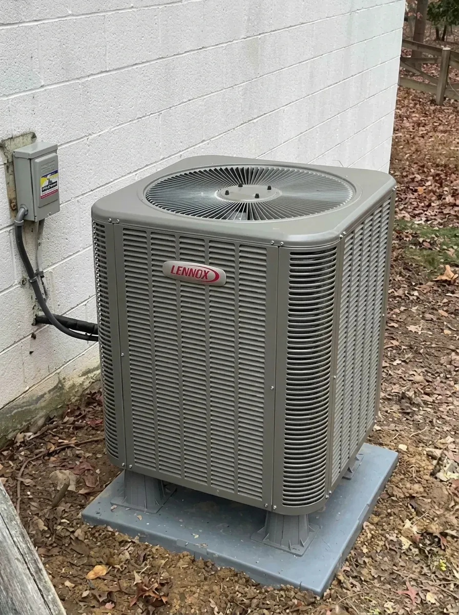 A Lennox heat pump installed by Leonard Splaine outside a Northern Virginia home