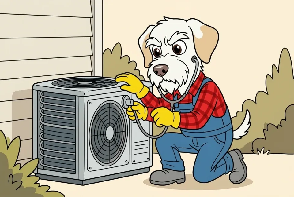 Illustration of Sonny listening to an outdoor heat pump to diagnose a problem