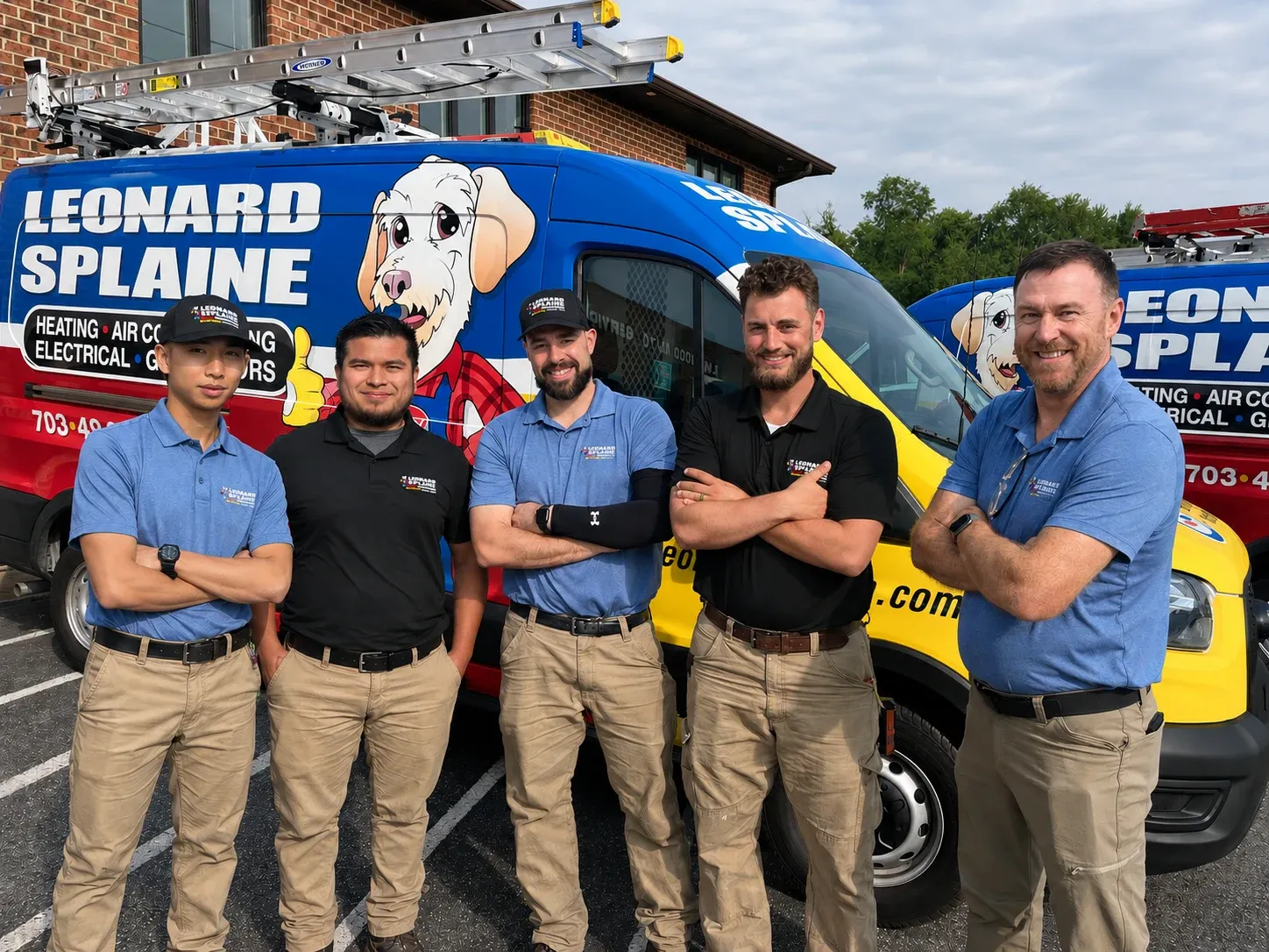 Leonard Splaine technicians in front of their branded service vans in Northern Virginia