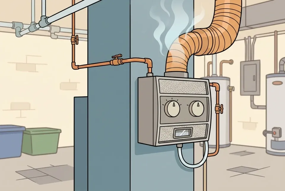 Illustration of a whole-home humidifier mounted on a furnace in a basement