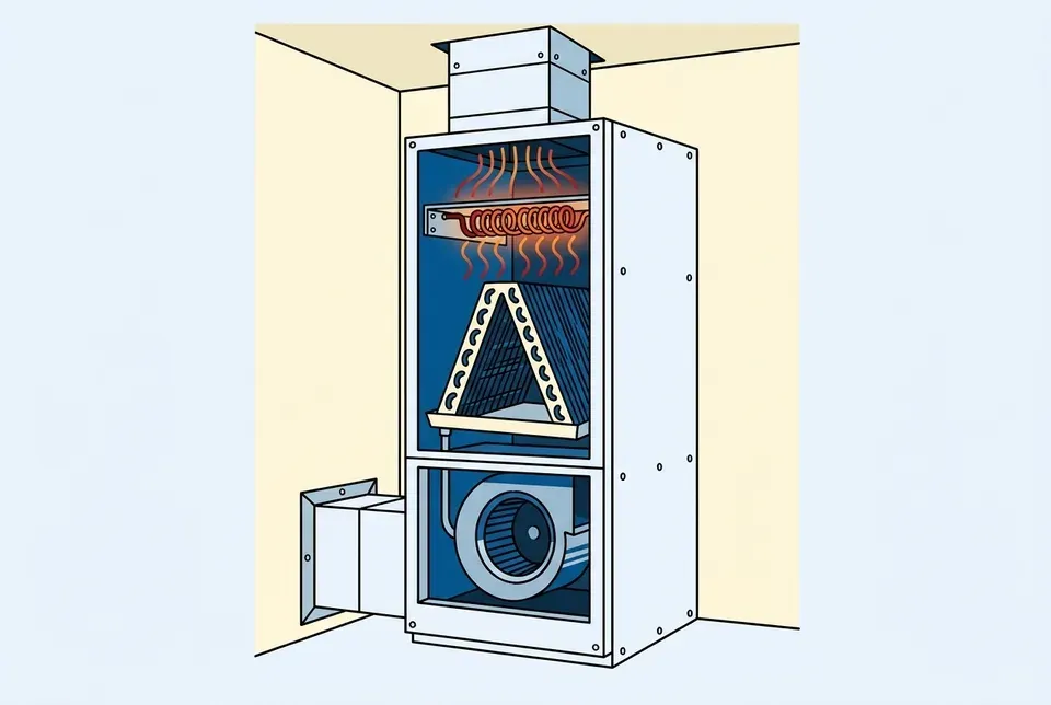 Flat illustration of an indoor air handler cutaway with a blower at the bottom, a coil in the middle and glowing electric heat strips above it