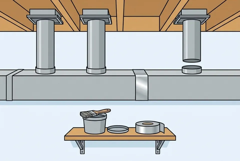 Flat illustration of a basement supply duct under the floor joists, with one round branch duct pulled off its collar, foil tape over a trunk seam, and an open tub with a brush and a roll of foil tape on a shelf below