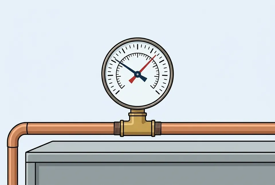 Flat illustration of a round boiler gauge with two needles and two rings of tick marks, threaded into a brass tee on a copper pipe above a gray boiler cabinet