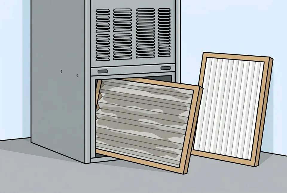 Flat illustration of a dust-coated pleated filter pulled halfway out of a gray furnace cabinet, with a clean white replacement filter leaning beside it