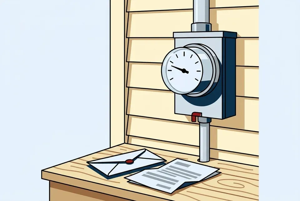 Flat illustration of a residential electric meter with a plain dial mounted on cream siding, above a wooden ledge holding a closed envelope and a folded sheet of paper