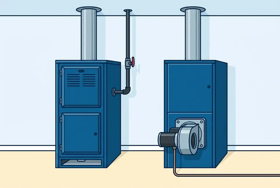 Flat illustration of a gas furnace with a gas pipe and shutoff valve beside an oil furnace with a burner assembly and copper oil line, each with a metal flue pipe