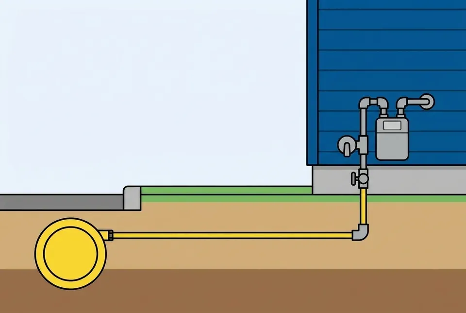 Flat illustration of a cutaway yard with a buried gas main under the street and one service line running under the lawn to a gas meter on a house wall