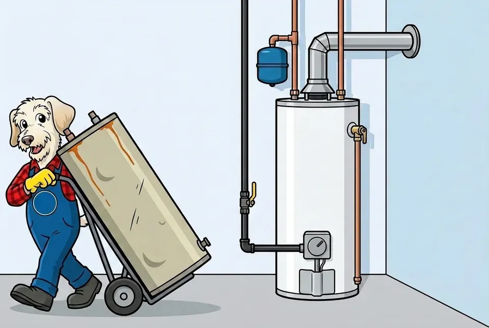 Flat illustration of a terrier mascot in a plaid shirt and overalls pulling an old, faded, rust-streaked tank away on a hand truck, beside a new white gas tank water heater with a silver vent pipe running into the wall, a gas line with a yellow-handled shutoff valve, copper water lines and a small blue expansion tank