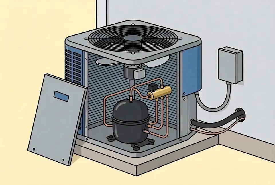 Flat illustration of an outdoor heat pump with its front panel off, showing the black compressor, copper tubing to a brass reversing valve, the coil and the fan under the top grille, with the removed panel leaning against the unit