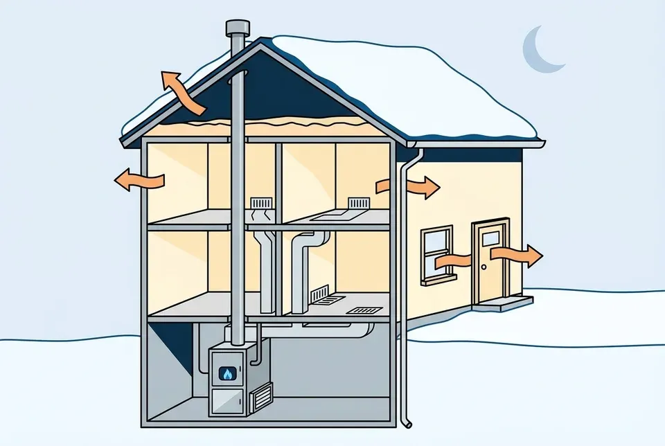 Flat illustration of a cutaway house on a snowy night under a crescent moon, with a gas furnace in the basement, a flue pipe rising through the roof, ducts running up to the rooms and orange arrows showing heat escaping through the attic, the walls, a window and the front door