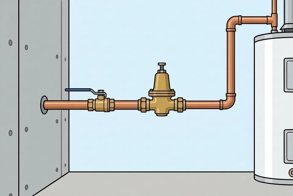 Flat illustration of a copper water line coming through a concrete foundation wall, with a brass main shutoff valve and a bell-shaped brass pressure-reducing valve before the line runs on to a water heater