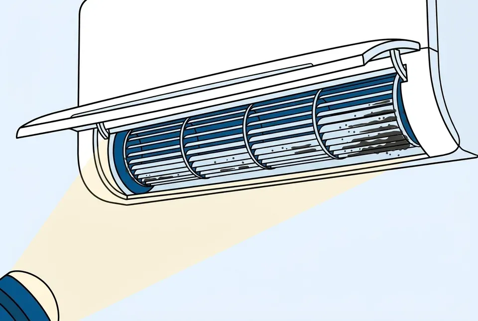 Flat illustration of a flashlight beam lighting the open air outlet of a white wall-mounted ductless indoor unit, showing the long blower wheel inside with dark streaks of buildup on its blades, heavier at one end