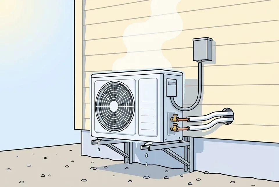 Flat illustration of a white ductless mini split outdoor unit on a metal wall bracket against siding, with a soft white plume of steam rising from its top, a thin edge of frost and water drops falling to the ground below