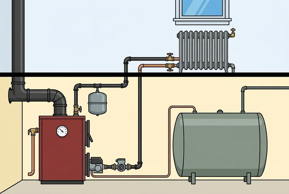 Flat illustration of a basement cutaway with a dark red boiler, an expansion tank and a large heating oil tank, with pipes running up through the floor to a cast-iron radiator under a window