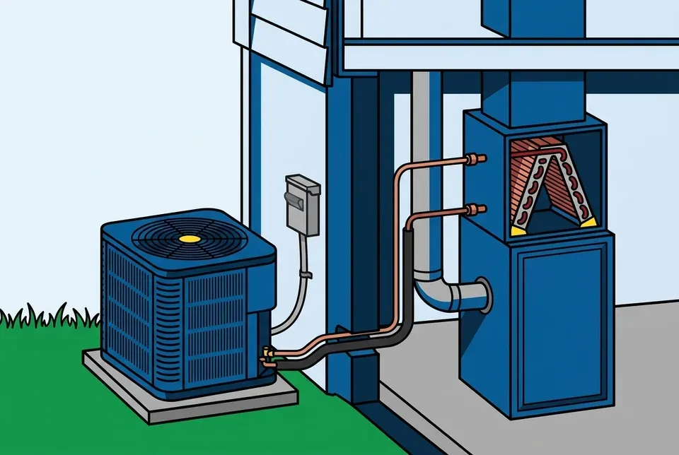 Flat illustration of an outdoor air conditioner joined by copper lines through the house wall to an indoor coil sitting on top of a furnace.