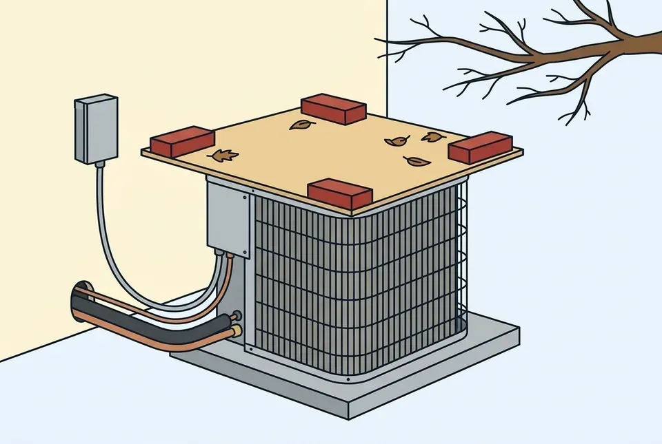 Flat illustration of an outdoor AC unit with a sheet of plywood on top held down by four red bricks, a few leaves on the board and the unit's sides left uncovered.