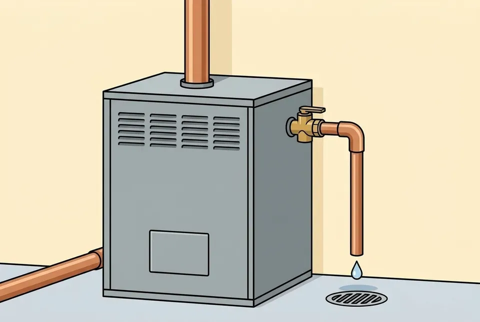 Flat illustration of a brass relief valve on the side of a gray boiler, its copper discharge pipe dripping a single drop of water toward a floor drain