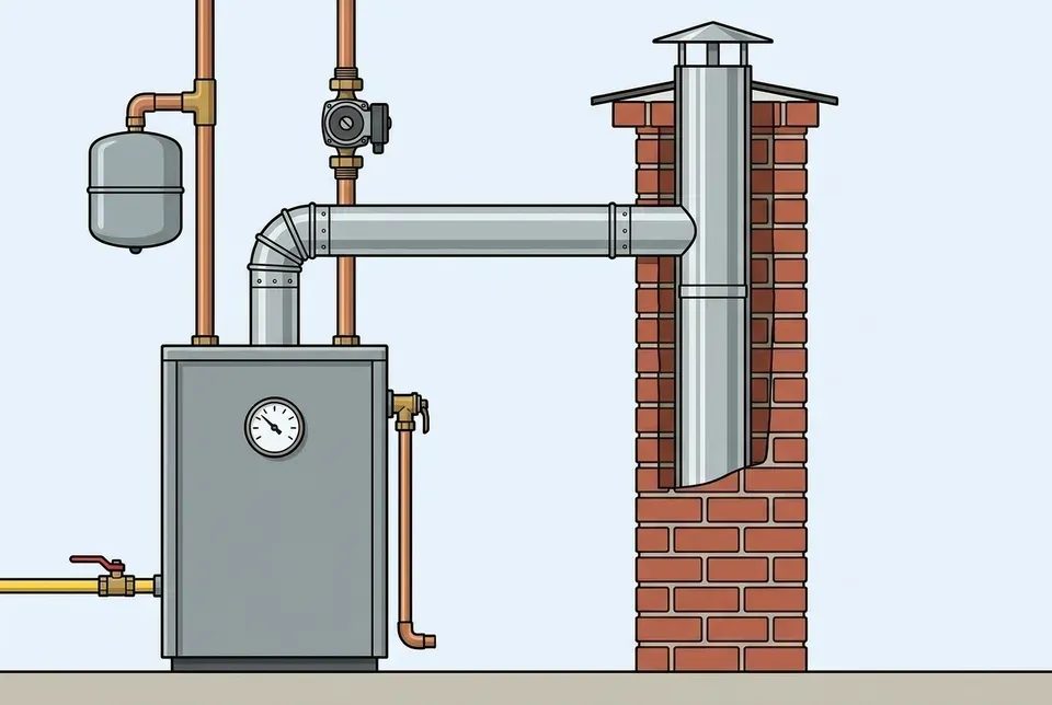Flat illustration of a gray boiler fed by a yellow gas line, with a metal vent pipe running into a brick chimney shown in cutaway, where a steel liner rises to a cap on top
