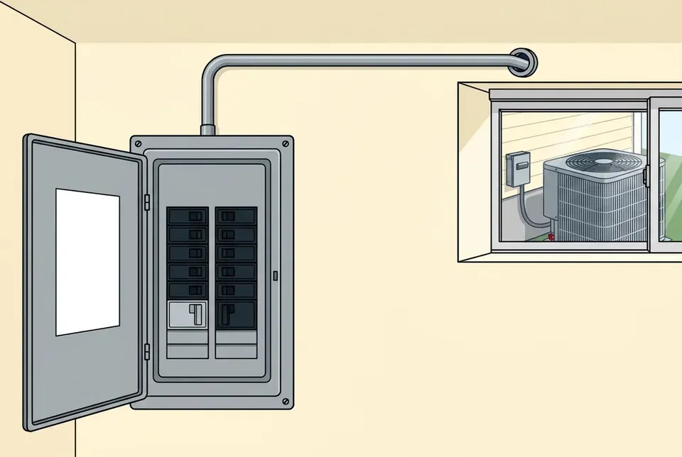 Flat illustration of an open breaker panel on a basement wall with a lighter gray double breaker and two empty slots, and a conduit running from the panel to a wall sleeve beside a window, with an outdoor heat pump and its disconnect box visible outside