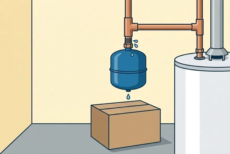 Flat illustration of water droplets at the threaded joint of a blue expansion tank hanging from a copper water line beside a water heater, with a drop falling toward a cardboard box on the floor below