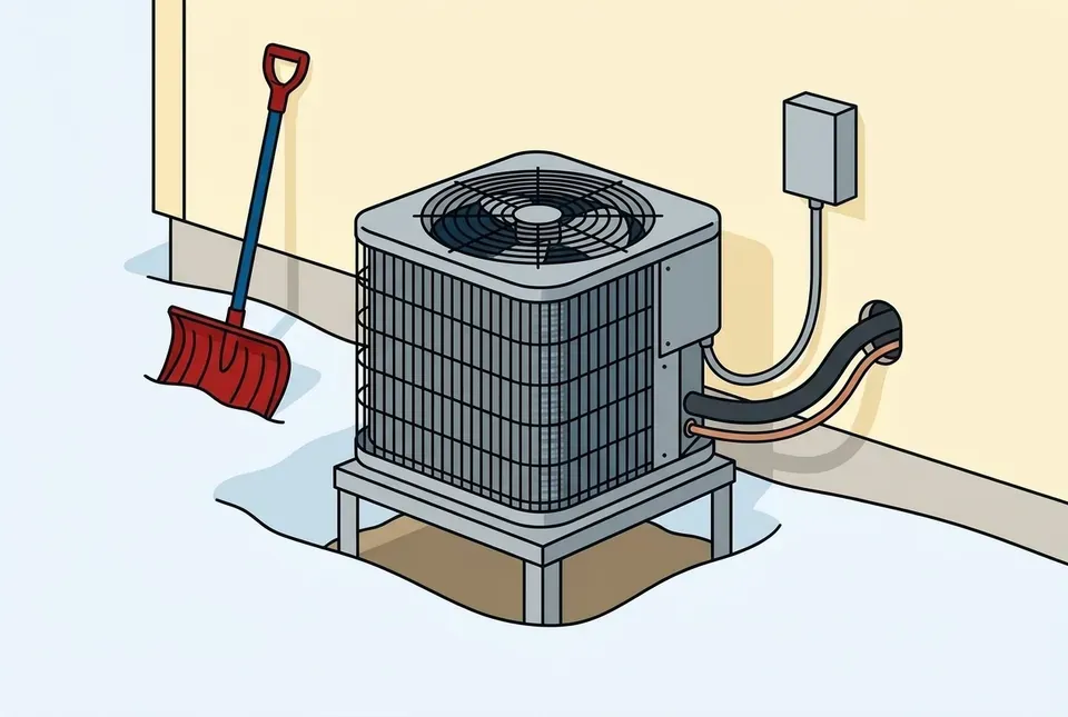 Flat illustration of an outdoor unit on a raised metal stand beside a house, with snow shoveled back in a ring around it and a red snow shovel nearby.