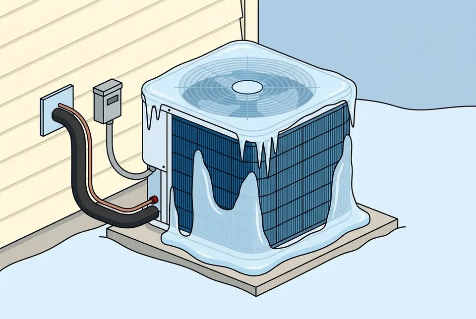 Flat illustration of a heat pump outdoor unit coated in thick ice, with icicles on its top edge and ice over the fan grille and around its base
