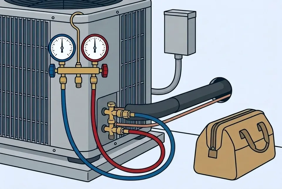 Flat illustration of a refrigerant gauge set hanging on an outdoor unit, with blue and red hoses connected to its service valves and a closed tool bag on the ground beside it