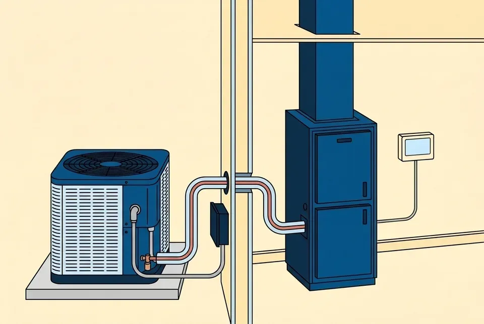 Flat illustration of a connected home heating and cooling system, with an outdoor heat pump and a disconnect box joined by conduit, a line set running through the wall to an indoor air handler with a supply duct, and a wall thermostat wired to the air handler