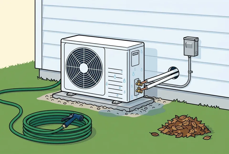 Flat illustration of a white ductless mini split outdoor unit on a concrete pad beside a house, with water drops on its side, a wet patch on the gravel below, a coiled green garden hose with a spray nozzle on the grass, the copper line set running into the wall and a gray disconnect box on the siding