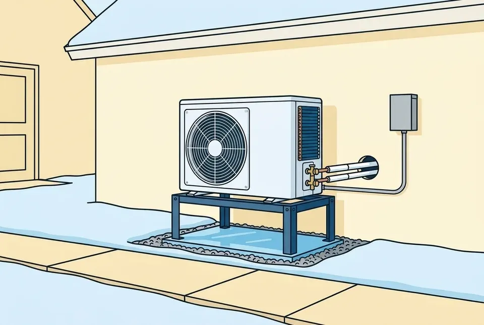 Flat illustration of a white ductless mini split outdoor unit raised on a metal floor stand above light snow, with a flat patch of ice on gravel beneath the stand, a clear walkway in front and a door off to the left