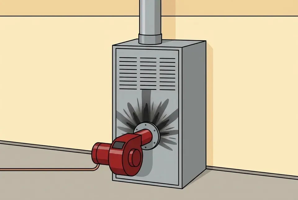 Flat illustration of a red oil burner mounted on the front of a gray furnace, with black soot streaks spread across the panel around it and a copper oil line running along the floor