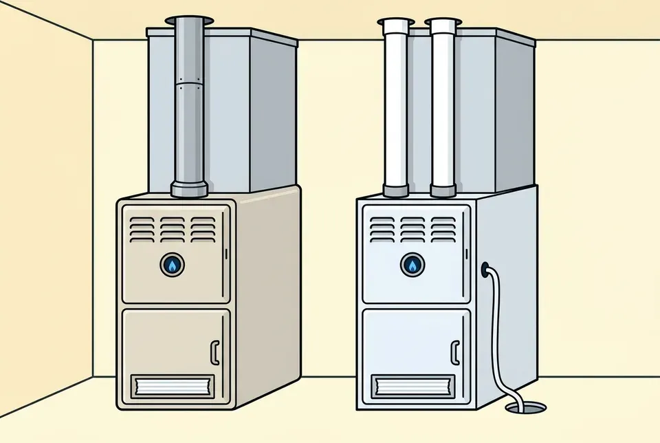 Flat illustration of an older beige gas furnace with a metal flue pipe beside a newer gray gas furnace with white plastic vent pipes and a condensate tube running to a floor drain, both the same height in a basement corner
