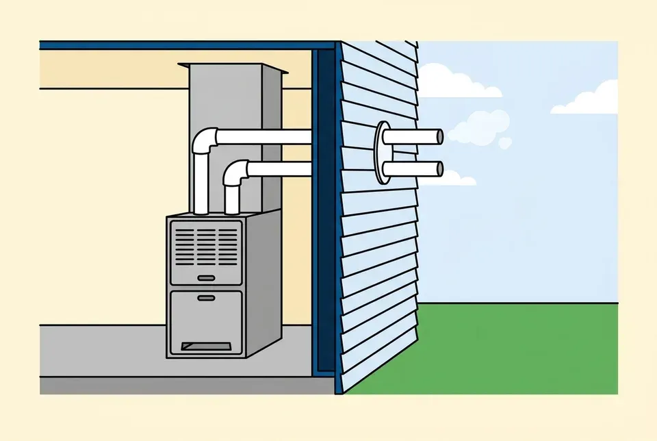 Flat illustration of a basement gas furnace with two white plastic vent pipes running sideways through the house wall and out through the siding
