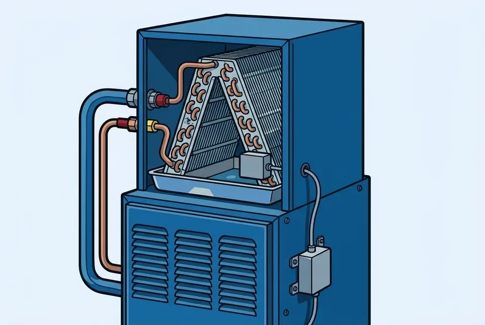 Flat illustration of an open coil cabinet on a furnace, showing a small box by the drain pan wired to a control box below.