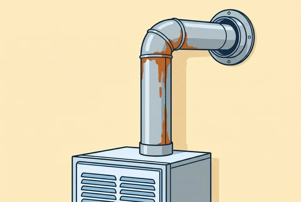 Flat illustration of a furnace flue pipe with orange-brown rust stains running down from its elbow joint and along one seam