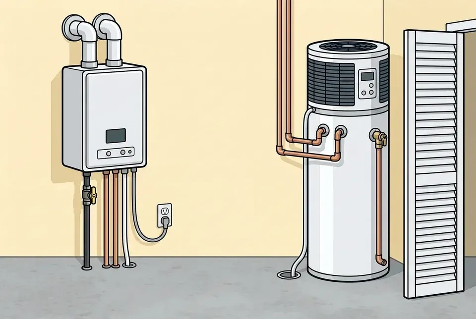 Flat illustration of a wall-mounted tankless water heater with a small blank display, two white vent pipes, its gas and water lines and a power cord plugged into a wall outlet, beside a tall heat pump water heater with a fan grille on top, a small control panel on its upper front, a condensate tube to a floor drain and a louvered closet door