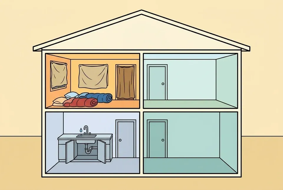 Flat illustration cutaway of a two storey house with one warm upstairs room closed off by blankets hung over its doorway and windows and sleeping bags on the floor, the other rooms pale and empty, and a downstairs kitchen sink with its cabinet doors open below a dripping tap